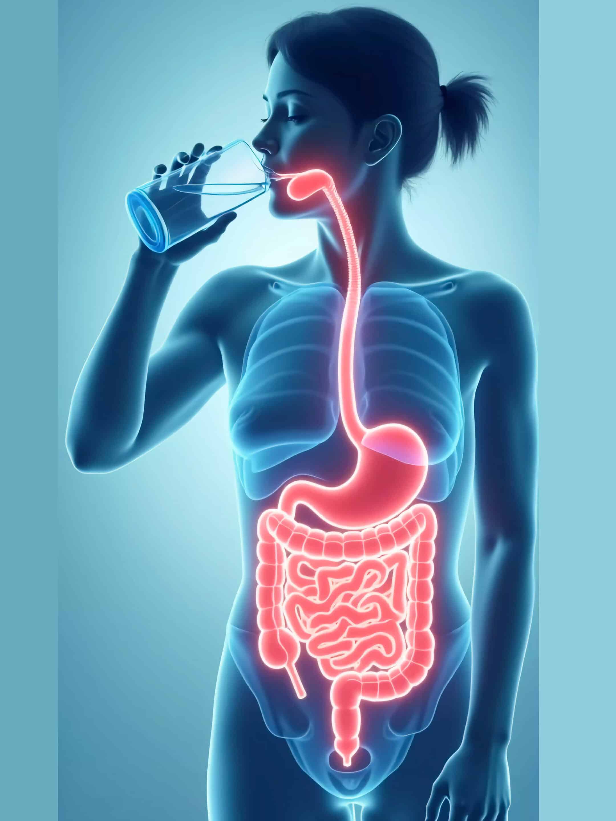 A visual of a person drinking water with a highlighted digestive system, digestive health