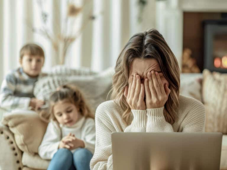 Mother stressed and tired while working on a laptop with her children nearby.