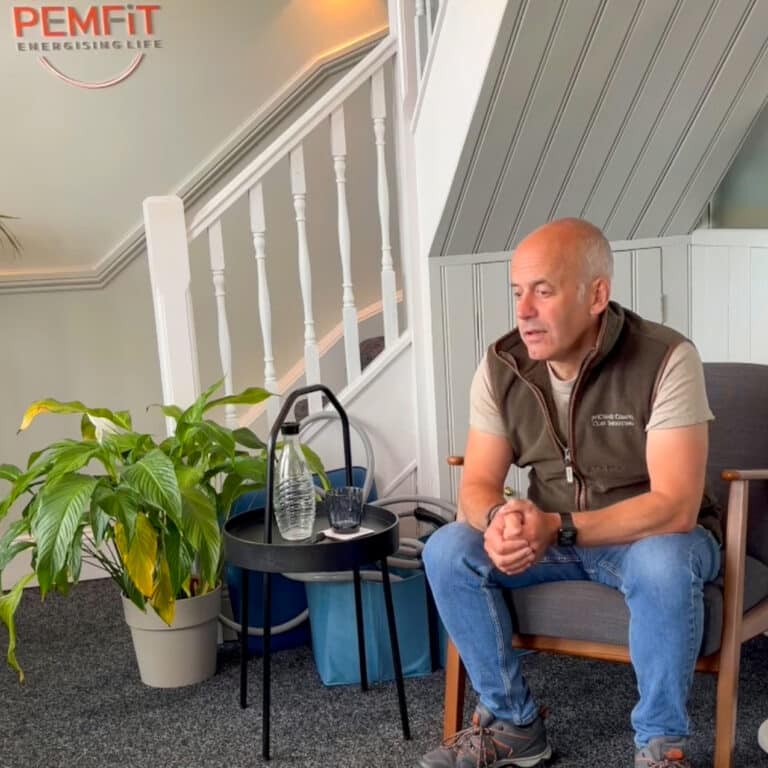 Michael sat in a PEMFiT studio being filmed for his client testimonial