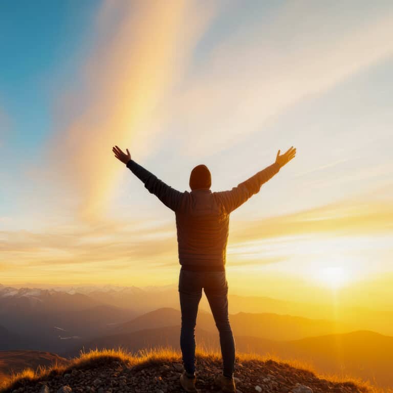 Individual embracing the sunset, standing on a mountain peak with arms wide open, symbolizing freedom and joy.