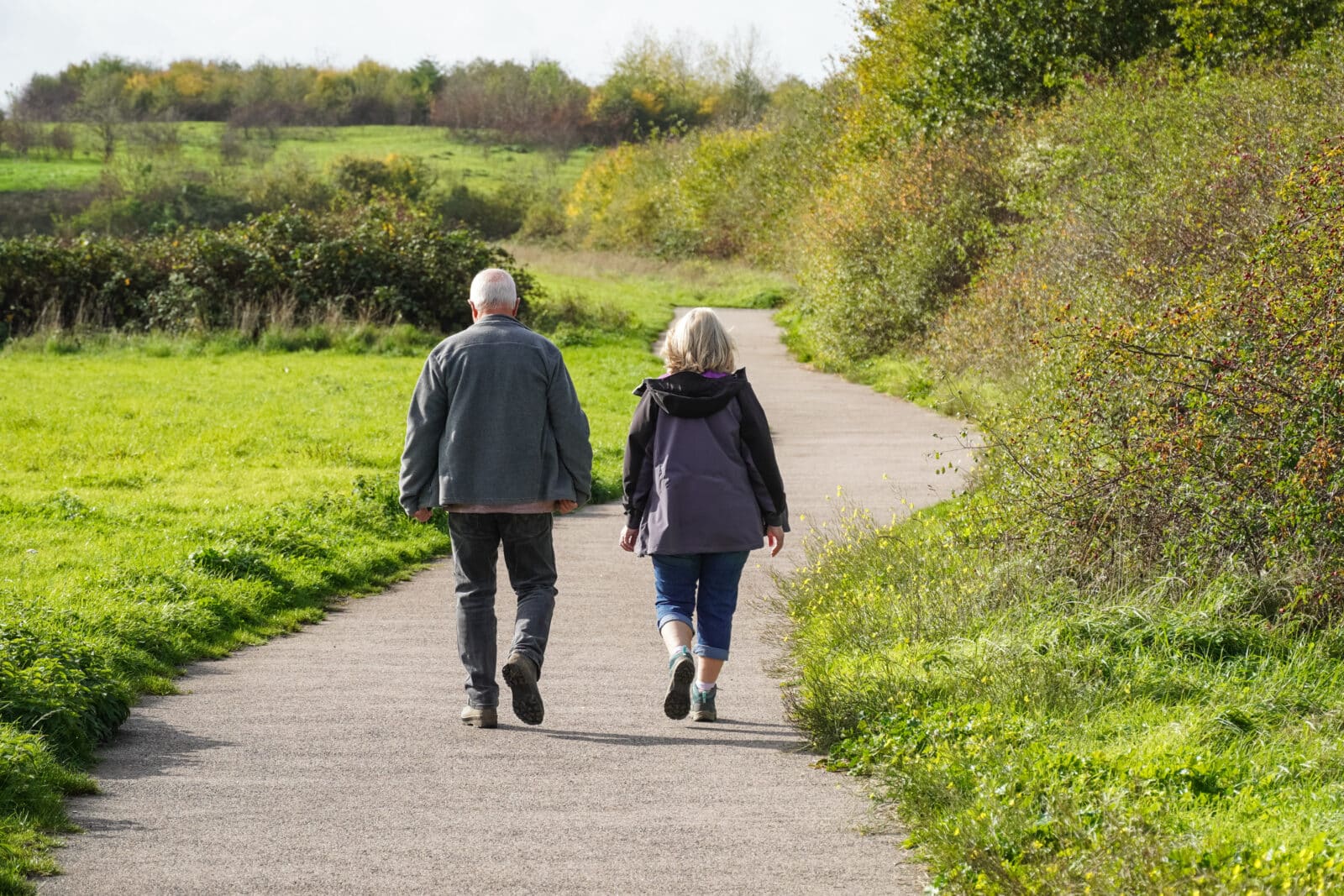 Senior couple walking in a park in autumn